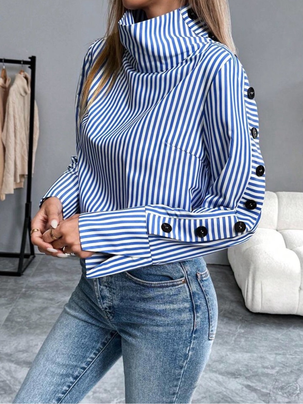 SHEIN Blue and White Striped High-Neck Button Sleeve Blouse - Picture 3 of 3